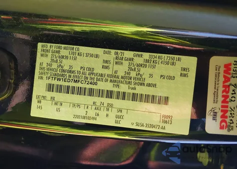 2021 Ford F-150 Xlt из США, поврежденный, VIN 1FTFW1ED7MFC72400